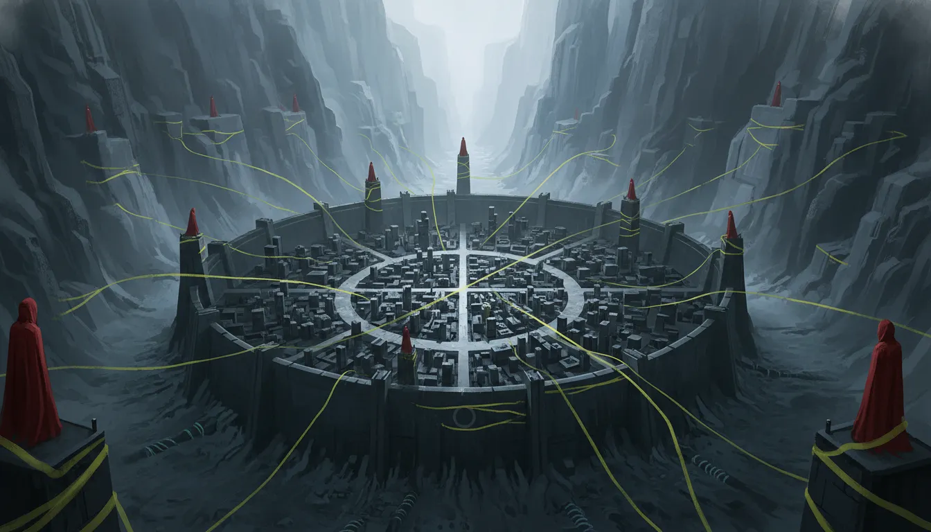 The dystopian city of Dema, rendered in stark geometric architecture with red-robed bishops silhouetted against a pale sky