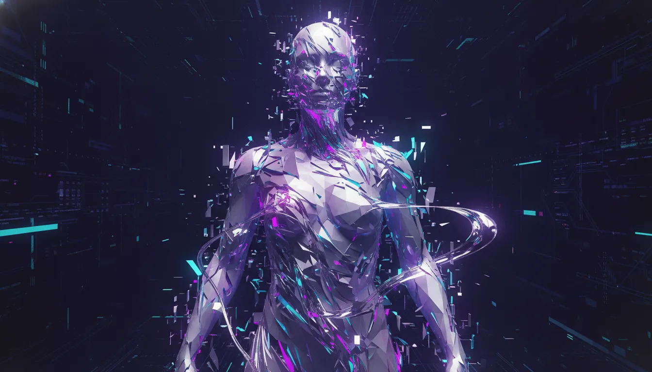 Abstract digital art representing xenofeminist accelerationism — a figure dissolving into geometric light fragments, body becoming code, gender markers liquefying into flowing data streams